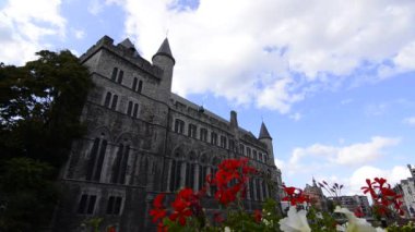 Gent, Flanders, Belçika, Ağustos 2019, Zarif Şeytan Gerald Şatosu, önplanda çiçekler, video.