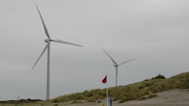Holland North Sea August 2019 Gray Day Wind Turbine Turns — Stock Video
