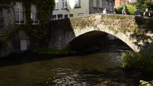 ベルギーのブルージュ 2019 運河の1つに見られる魅力的な旧市街で 街は彼らを見下ろす — ストック動画