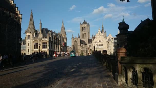 Gent Vlaanderen België Augustus 2019 Uitzicht Kerk Sint Niklaaskerk Wandelaars — Stockvideo