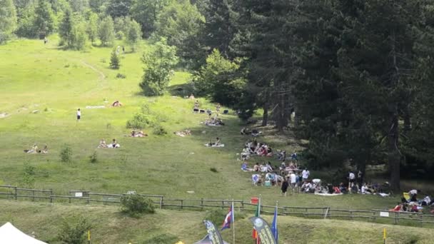 ピードモント イタリア 2019 ピクニックに大きな緑の芝生で山の斜面を利用してリフレッシュをお探しの方 — ストック動画