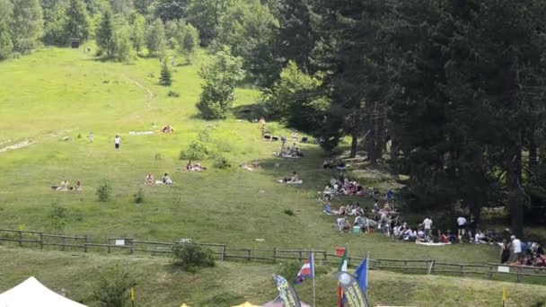 ピードモント イタリア 2019 ピクニックに大きな緑の芝生で山の斜面を利用してリフレッシュをお探しの方 — ストック動画