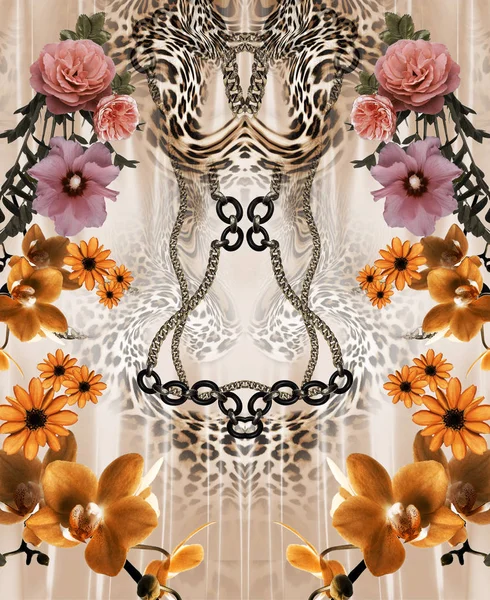 Blommor Och Leopard Hud Bakgrund — Stockfoto