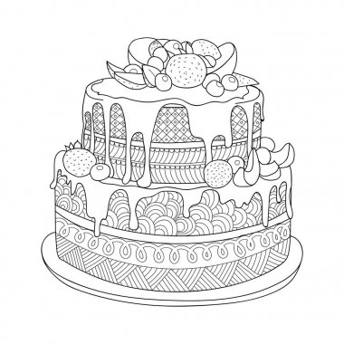 Yetişkinler için boyama kitabı için çilek pastayla çizilmiş doodle ver. Zentangle tarzı