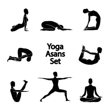 Vektör şekilleri yoga asanas ayarlayın. 8 yoga poz siluetleri.