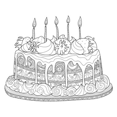 Yetişkinler için boyama kitabı için çizilmiş doodle kek verin. Zentangle tarzı