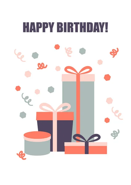 Birthday, holiday greeting card in simple minimalistic flat style. Gift boxes, confetti. Vector illustration