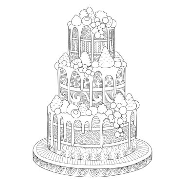Yetişkinler için boyama kitabı için çilek pastayla çizilmiş doodle ver. Zentangle tarzı