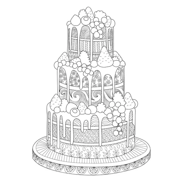 Hand Drawn Doodle Cake Berries Coloring Book Adults Zentangle Style — Stock Vector