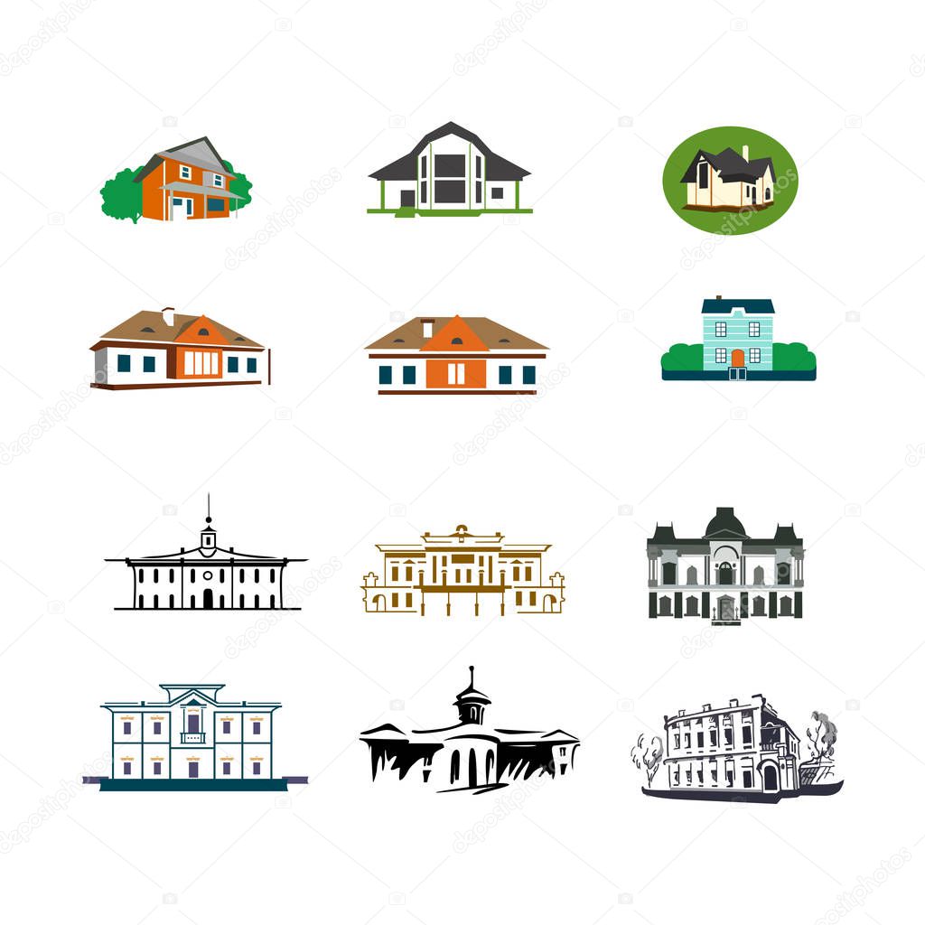 Vector icons, sketches, logos cottage villages houses cottages,vector illustration, buildings, castles, chateau, cottages, houses, logos, vector icons, vector logo, castle, cottage, tower, Old Russian architecture