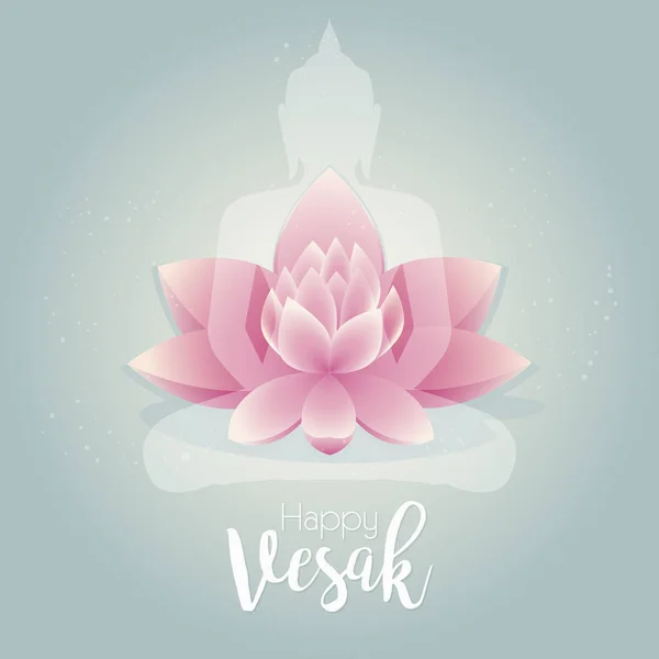 Gelukkig Vesak dag. Vector illustratie wenskaart. Roze lotusbloem met Boeddha's silhouet. — Stockvector