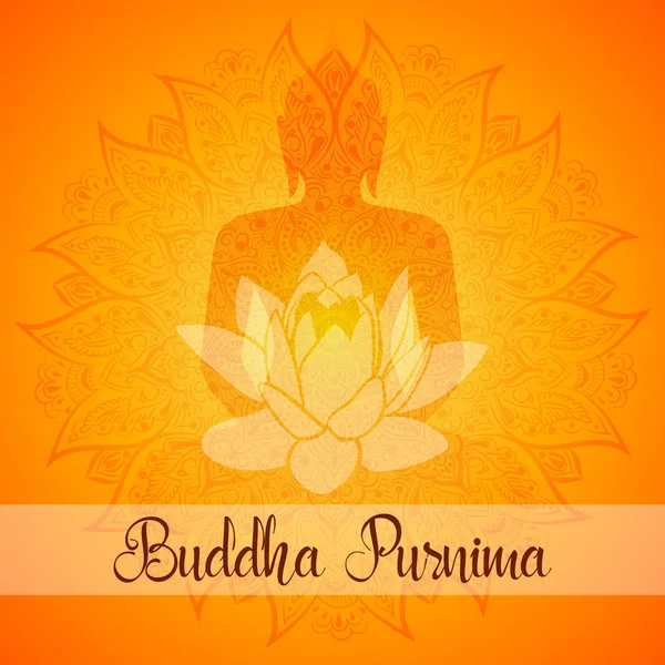 Buddha Purnima Vector Illustratie wenskaart. Mandala, lotusbloem met Boeddha's silhouet. — Stockvector