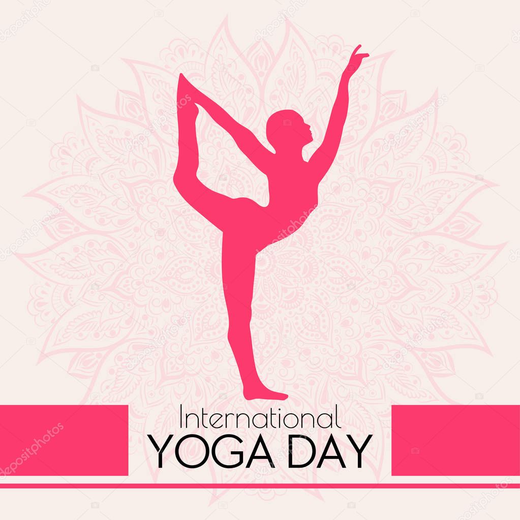 Concept vector illustration for the International Yoga day with a beautiful mandala and asana natarajasana pose silhouette.