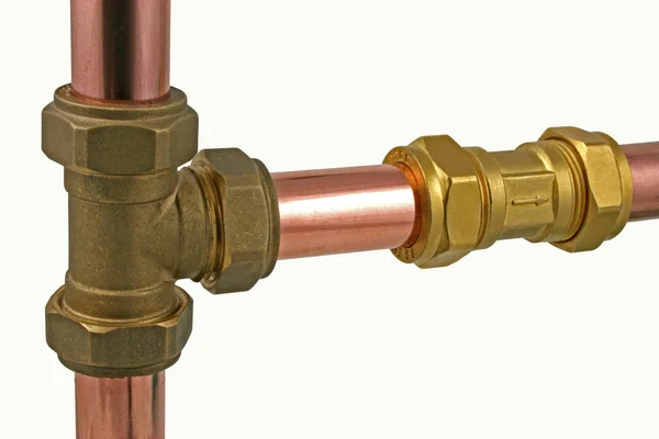 Copper Pipework Four Sections Copper Pipes Connected Compression Tee Non — Stock Photo, Image