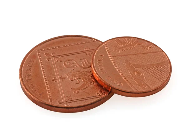 Dinero Una Moneda Penique Descansando Sobre Una Moneda Dos Peniques — Foto de Stock