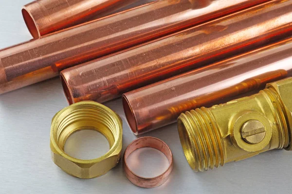 Plumbing Close View Compression Fitting Copper Pipes Grey Background — Stock Photo, Image
