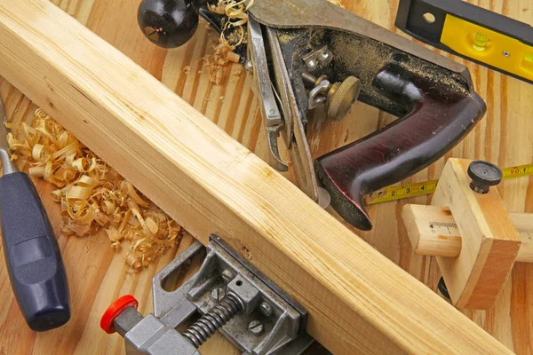 Timmerman Tools Timmerlieden Bankje Met Gereedschappen Hout — Stockfoto