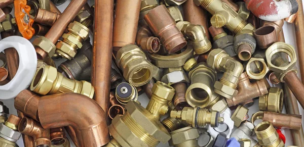 Plumber Pipes Fittings Random Mixture Copper Pipe Brass Fittings Ideal — Stock Photo, Image