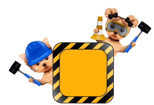 Funny couple of puppies with tools holding construction warning sign — Stock Photo, Image