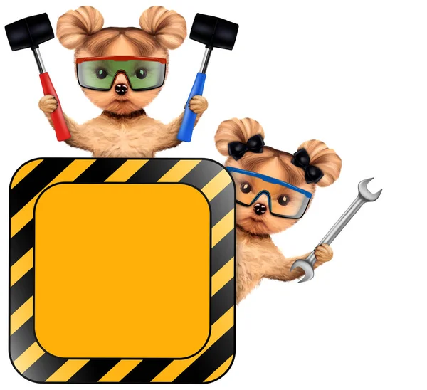 Funny couple of puppies with tools holding construction warning sign — Stock Photo, Image