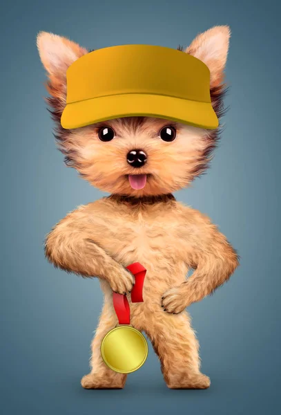 Смешная собака в бейсболке с серебряной медалью — стоковое фото
