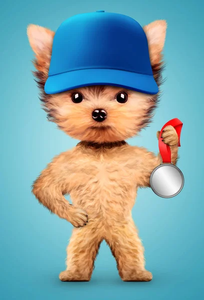 Lustiger Hund mit Baseballmütze und Silbermedaille — Stockfoto