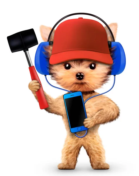 Funny dog with hammer and smartphone — Stock Photo, Image