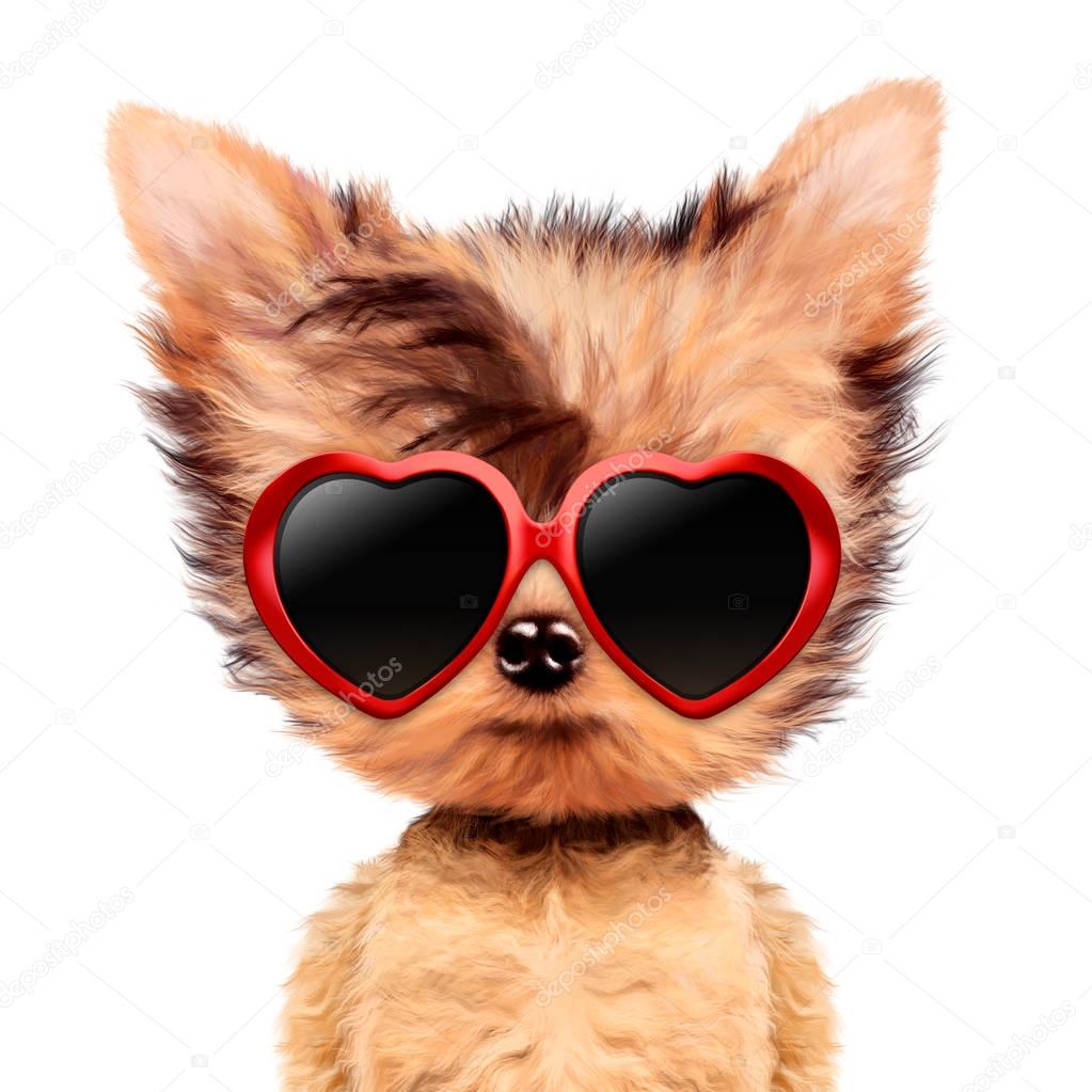 Funny adorable doggy girl with love sunglasses