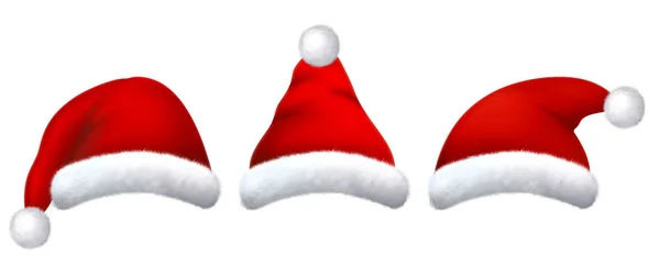 Set di cappelli da Babbo Natale rossi con pelliccia realistica . — Foto Stock