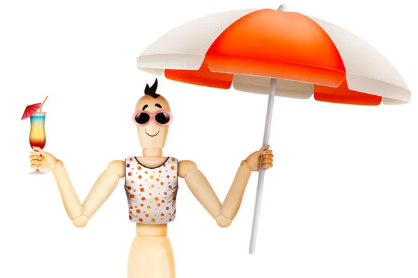 Lustige Figur in T-Shirt und Sonnenbrille mit Regenschirm und Cocktail — Stockfoto