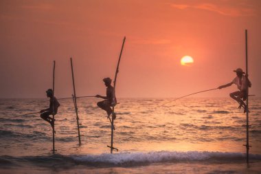 Günbatımı, Sri Lanka, geleneksel balıkçı.