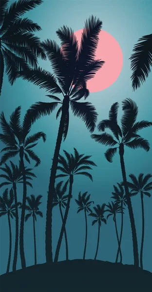 ピンクの月の日の出と青空と椰子 — ストックベクタ