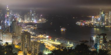 Hong Kong manzarası ve liman havadan görünümü