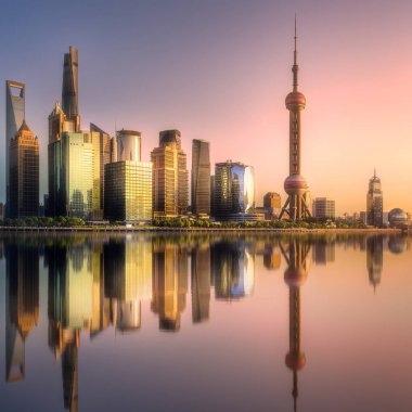 Güneş su yansıması ile Shanghai manzarası