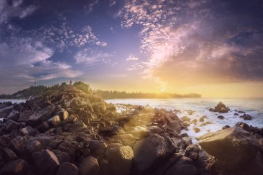 Kum okyanus kıyısında taşlarla tropikal plaj