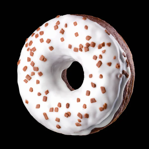 Schokolade glasierte Donut mit Streusel auf schwarzem Hintergrund gedreht — Stockfoto