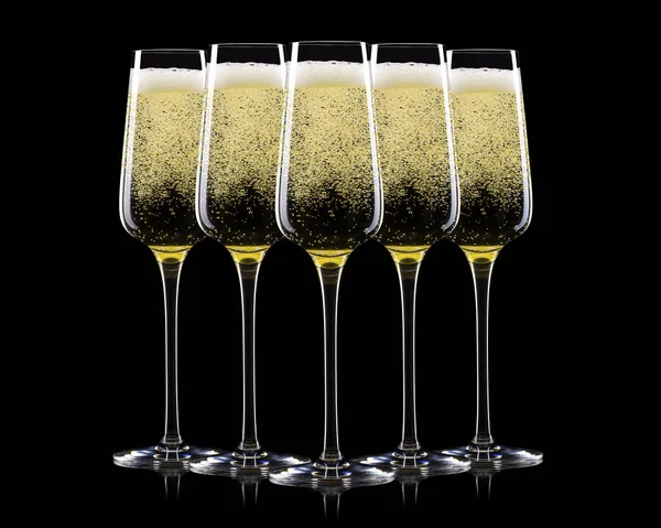 Set of luxury champagne glasses in a row isolated on a black background — Stock Photo, Image