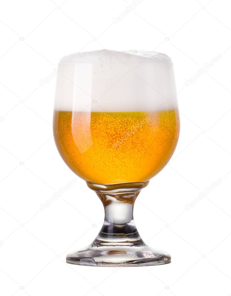 Frosty glass of light beer with foam isolated on a white background