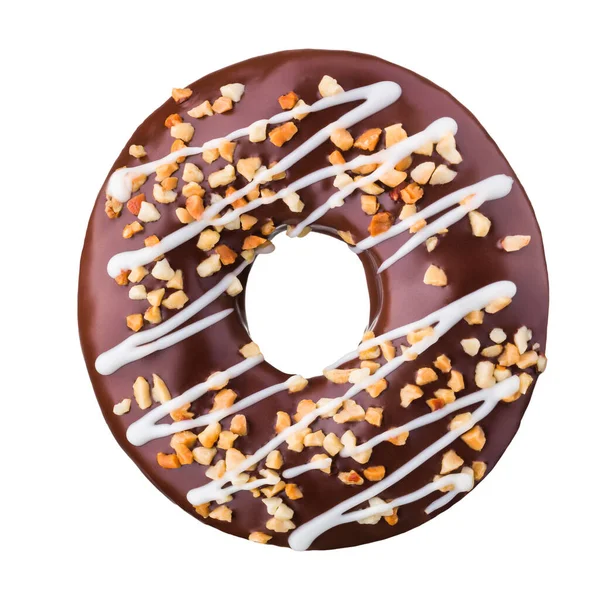 Glasierte Schokolade Donut mit Nüssen auf weißem Hintergrund gedreht — Stockfoto