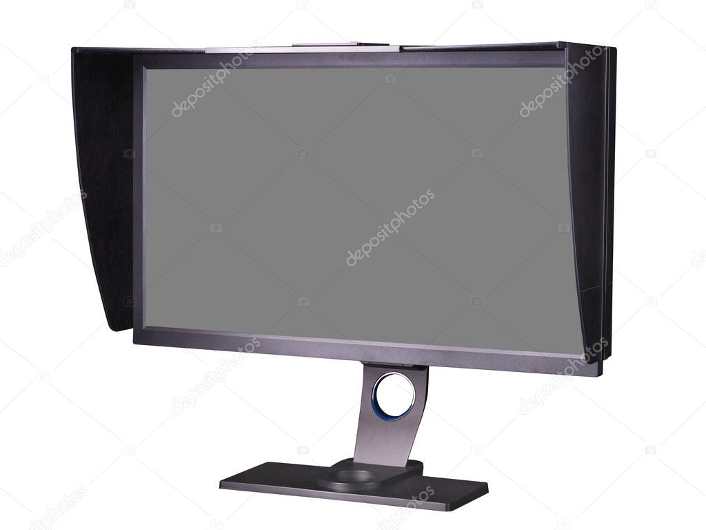 Professional photographer monitor with shading hood isolated on white