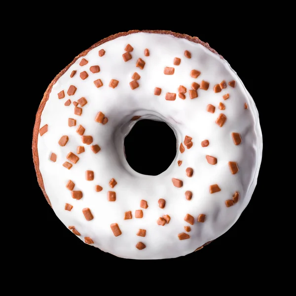 Donut Acristalado Chocolate Con Aspersiones Sobre Fondo Negro Girado Tres — Foto de Stock