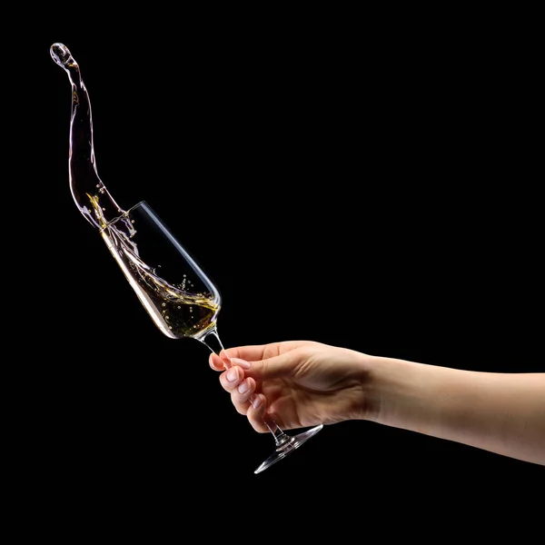 Woman Hand Holding Glass Sparkling Champagne Splashes Isolated Black Background — Stock Photo, Image