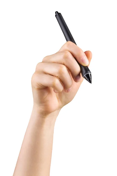 Mão segurando caneta gráfica digital e desenhando algo isolado em branco — Fotografia de Stock