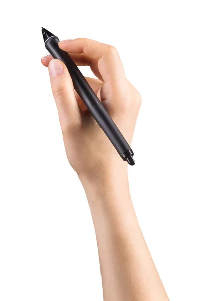 Hand holding digital graphic pen and drawing something isolated on white — Stock Photo, Image