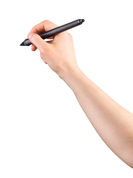 Ruka držící digitální grafické pero a kreslící něco izolovaného na bílém — Stock fotografie