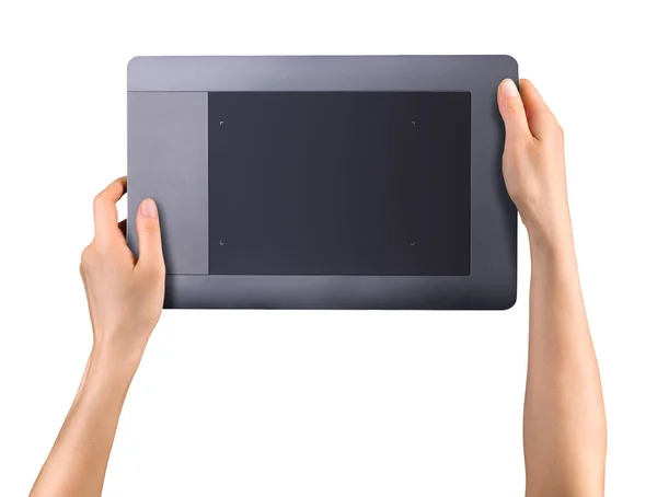 Hand holding graphic tablet for illustratorsand designers isolated on white — Stock Photo, Image