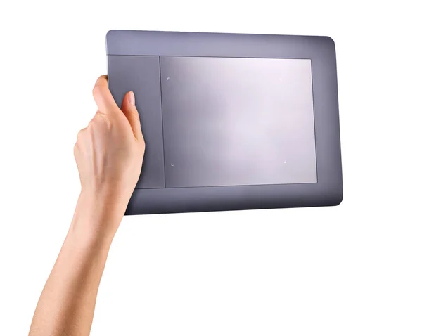 흰색에 분리 된 일러스트레이터 모래 설계자를 위한 그래픽 태블릿을 들고 있는 손 — 스톡 사진