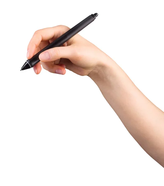 Mão segurando caneta gráfica digital e desenhando algo isolado em branco — Fotografia de Stock