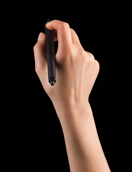 손에 디지털 그래픽 펜을 들고 검정 색에 고립된 무언가를그리는 — 스톡 사진