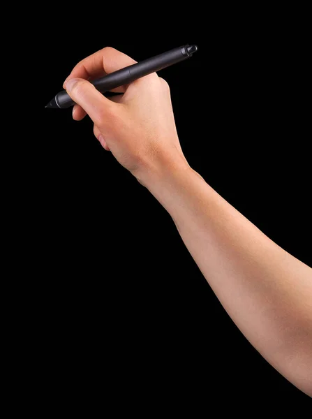 Ręczne trzymanie cyfrowego pióra graficznego i rysowanie czegoś na czarno — Zdjęcie stockowe